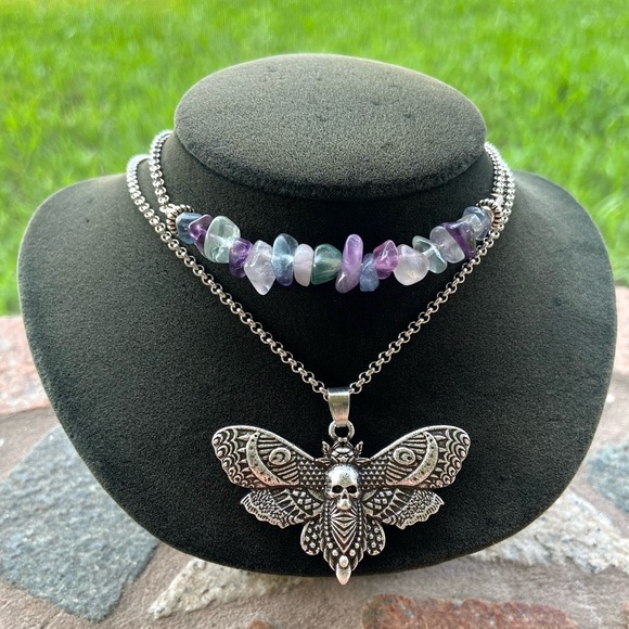 Double layer moth skull moon charm & gems of your choice goth boho necklace - Picture 6 of 13